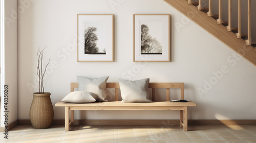 Cozy Entryway with Wooden Bench, Cushions, and Artwork on the Wall