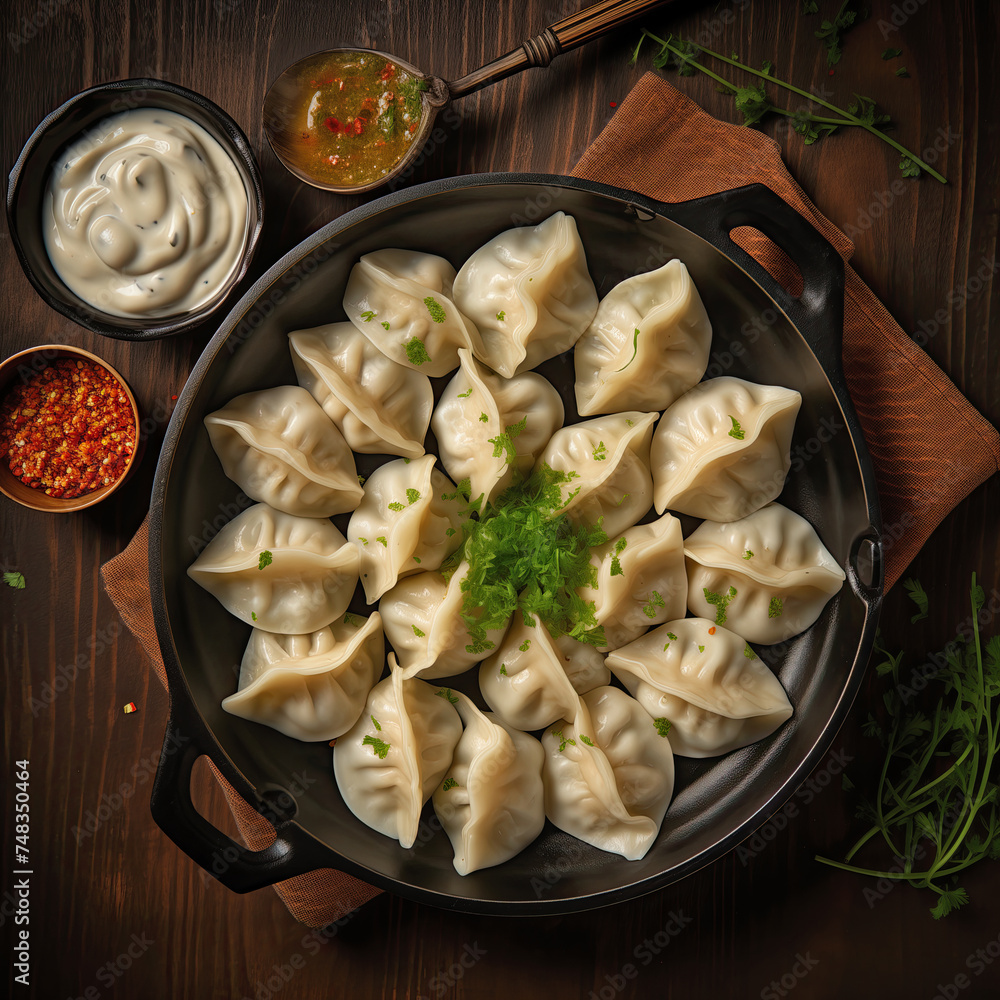 A top view of delicious dumplings garnished with herbs and sauce, beautifully presented in a cast iron skillet on a wooden surface. A top view of delicious dumplings garnished with herbs and sauce, beautifully presented in a cast iron skillet on a wooden surface.