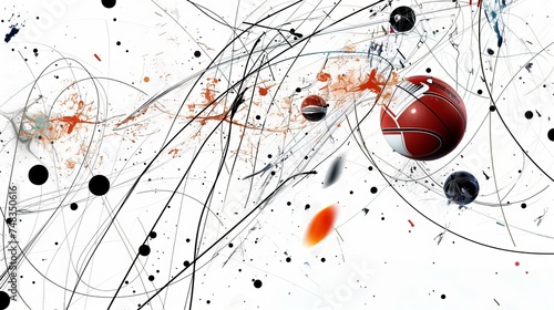 a white background with sports objects, kinetic motifs, fine black lines,  drawings