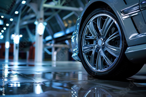 A close-up view of a polished car’s wheel, reflecting the lights of an elegant and modern illuminated parking garage. © Sviatlana