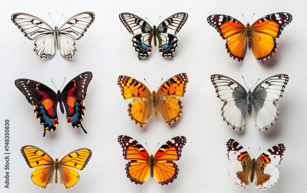 A Group of Colorful Butterflies on a White Background A Group of Colorful Butterflies on a White Background