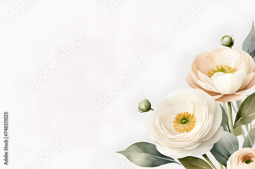 Watercolor floral illustration with delicate pastel ranunculi and leaves. Floral-style background with space for text.