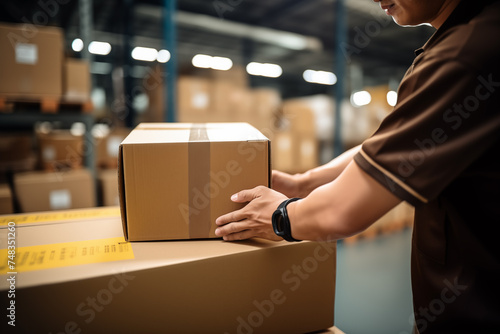 Close-up of warehouse worker hands packing cardboard boxes for shipping in e-commerce warehouse. Online shop and luggage shipping concept. © Darya