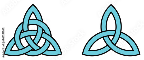 Triquetra sign icon set. Leaf like celtic simple symbol black blue line vector Trikvetra knot with circle Power of three viking tribal for tattoo flat style image. © Meduza