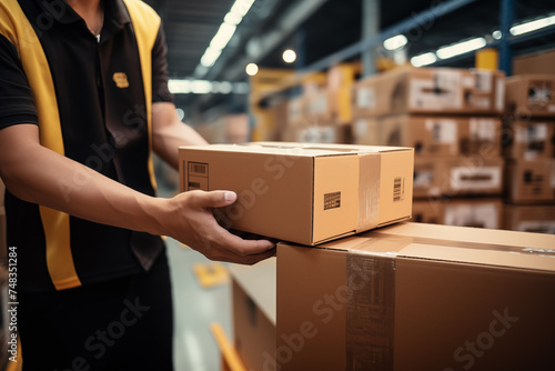 Close-up of warehouse worker hands packing cardboard boxes for shipping in e-commerce warehouse. Online shop and luggage shipping concept.