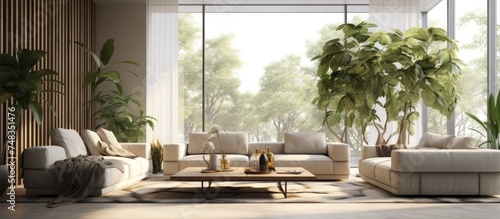The living room is adorned with various pieces of furniture including a sofa, coffee table, and plants. A large window provides ample natural light, illuminating the room.