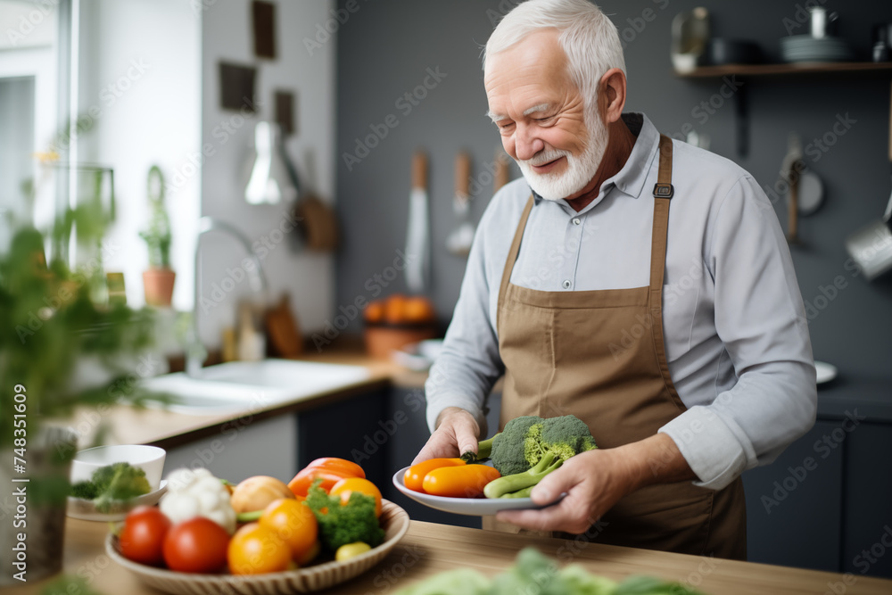 Handsome mature man husband father cooking vegetable salad in the kitchen at home, preparing vegetarian food meal cutting bell pepper on cutting board. Homemade meal Handsome mature man husband father cooking vegetable salad in the kitchen at home, preparing vegetarian food meal cutting bell pepper on cutting board. Homemade meal