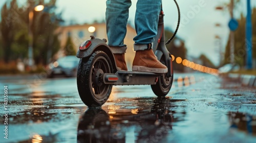 Illustration of a person's legs standing on an electric scooter