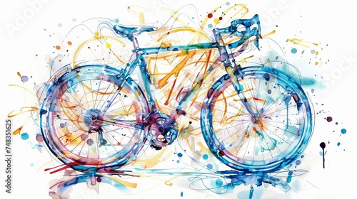 cycling objects in whatercolor style on white background, sharp