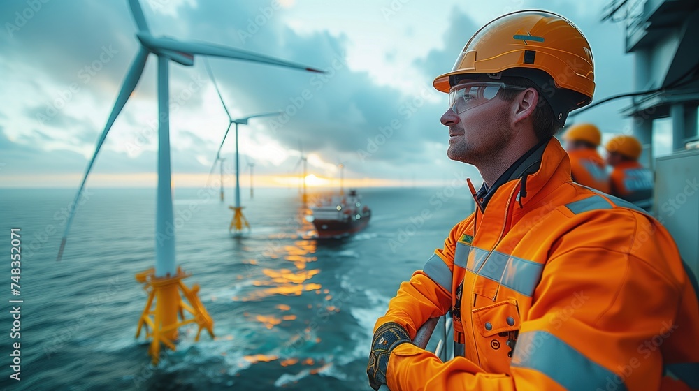 Offshore Wind Farm Construction: Workers aboard a construction vessel are photographed assembling offshore wind turbines. The vast ocean and convey the scale and ambition of offshore wind energy Offshore Wind Farm Construction: Workers aboard a construction vessel are photographed assembling offshore wind turbines. The vast ocean and convey the scale and ambition of offshore wind energy