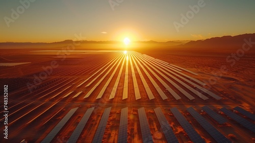 Solar Farm at Sunrise: A stunning aerial shot captures rows of solar panels stretching across a vast landscape, bathed in the golden light of the rising sun