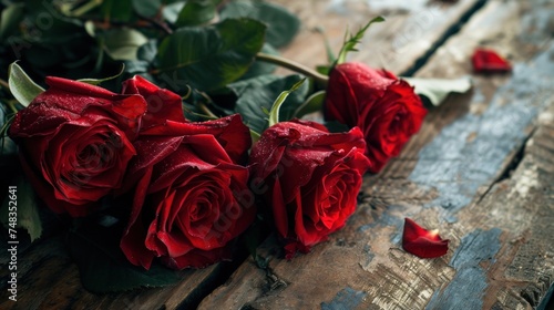 a group of red roses on a wood surface