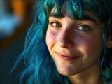 a woman with blue hair and freckles smiling
