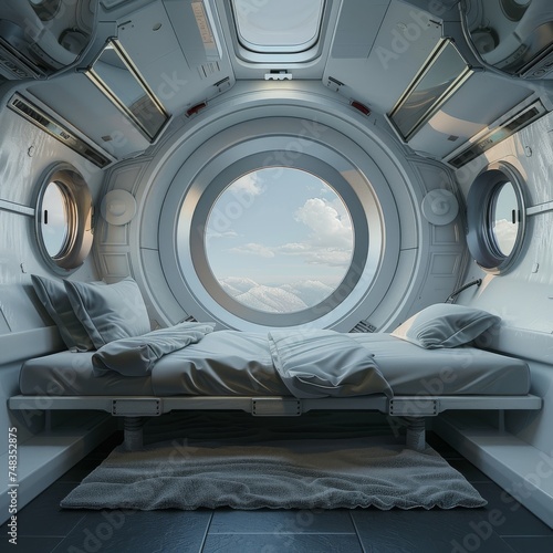 Spaceship Hotel Interior with Panoramic Window Futuristic Capsule Hostel Bedroom, Copy Space © artemstepanov