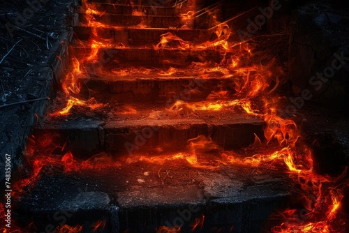 Steps to Hell, Fire Stairway, Halloween Party Entrance, Flame Inferno Steps Road to Hell, Copy Space