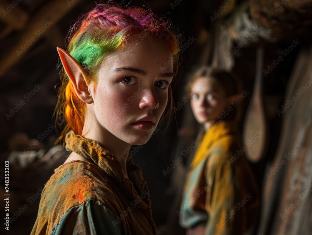 a girl with elf ears and rainbow hair a girl with elf ears and rainbow hair