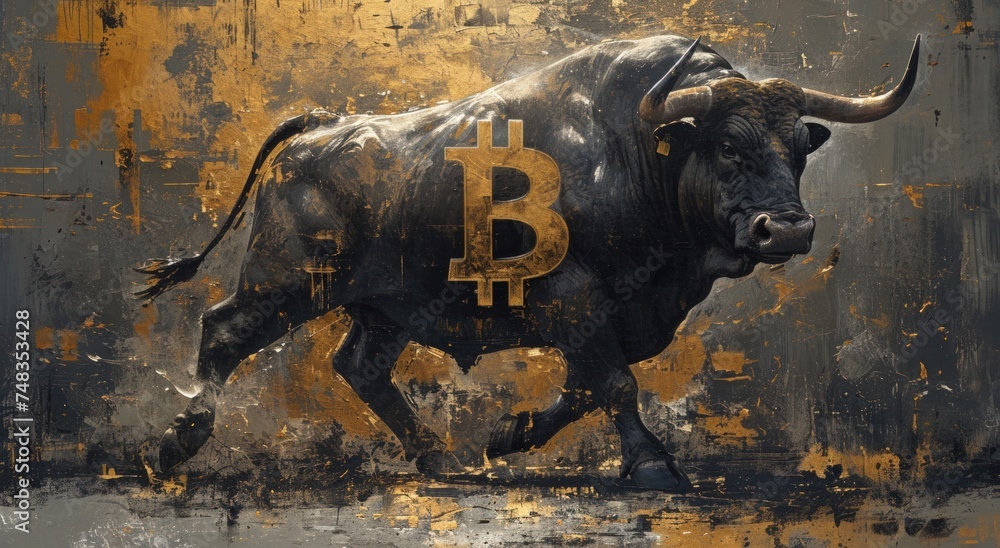 a bull with a bitcoin symbol on it - obrazy, fototapety, plakaty 