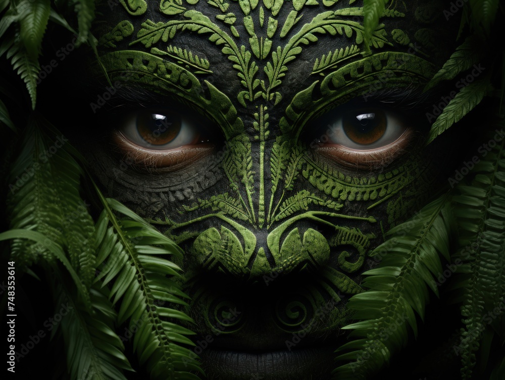 a person with a face painted with leaves