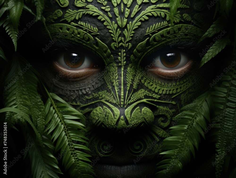 a person with a face painted with leaves a person with a face painted with leaves