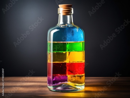 a glass bottle with colored liquid