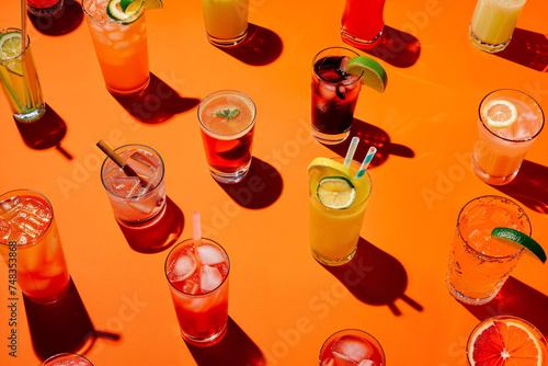 Pattern di bevande estive su sfondo arancione photo