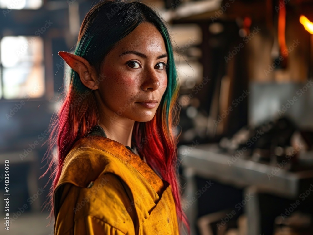 Fototapeta premium a woman with colorful hair and a yellow jacket