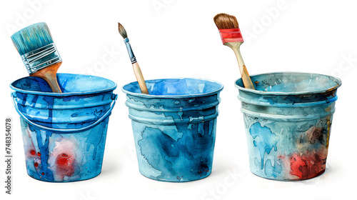 Three paint buckets with brushes isolated on white background