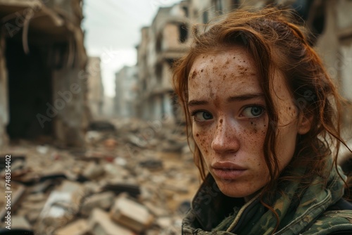 a woman with red hair and freckles in a ruined city
