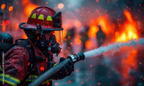 A firemen using fire hose to extinguish a fire photo
