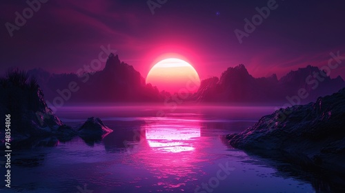 Landscape forest and lake with neon light grid  moon and trees. Nature synthwave background