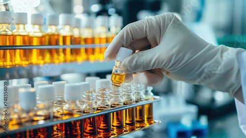 Hand with sanitary gloves check medical vials on lab
