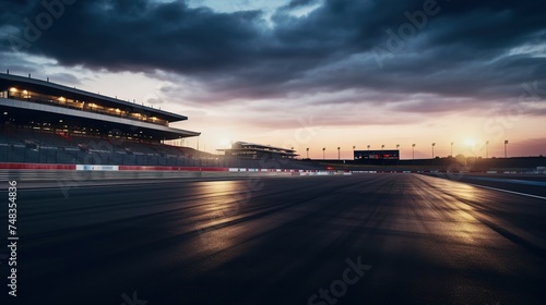 Close up shot of the view of the asphalt international race track in the evening