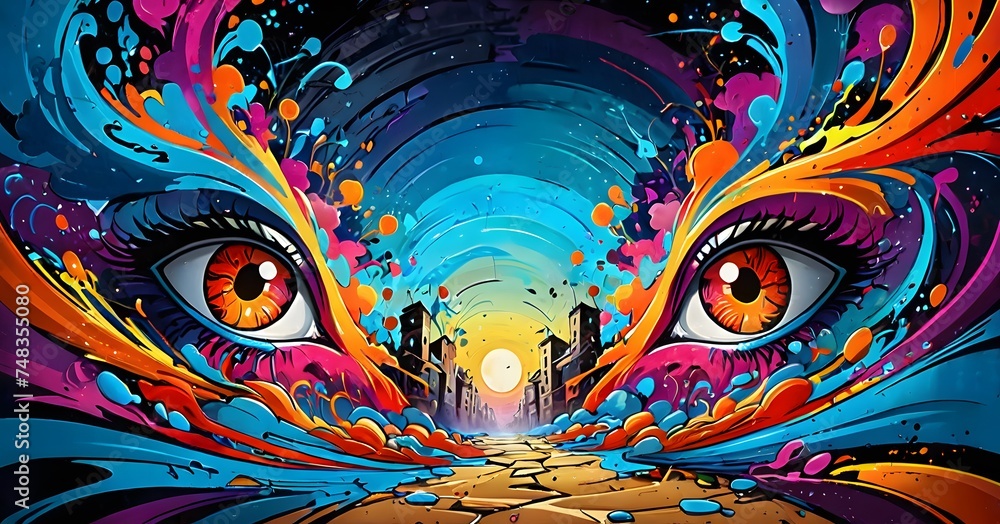 A pair of eyes emerges from an abstract, colorful landscape, offering a visionary perspective. The fusion of organic and geometric shapes creates a mesmerizing visual narrative. AI generation AI