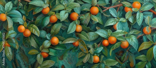 The painting depicts a vibrant mandarin orange citrus reticulata tree laden with ripe fruits. The bountiful display showcases the foliage and fruits in all their glory. photo