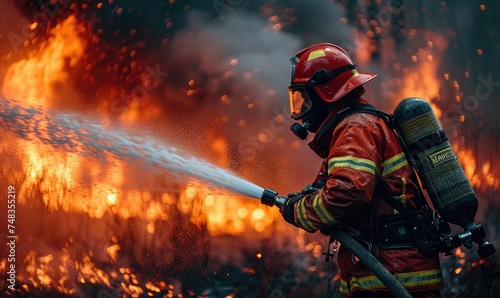 A firemen using fire hose to extinguish a fire