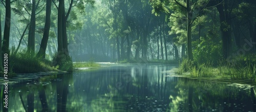 A river calmly flows through a dense forest filled with vibrant green foliage. The water reflects the trees, creating a serene and peaceful scene in nature.