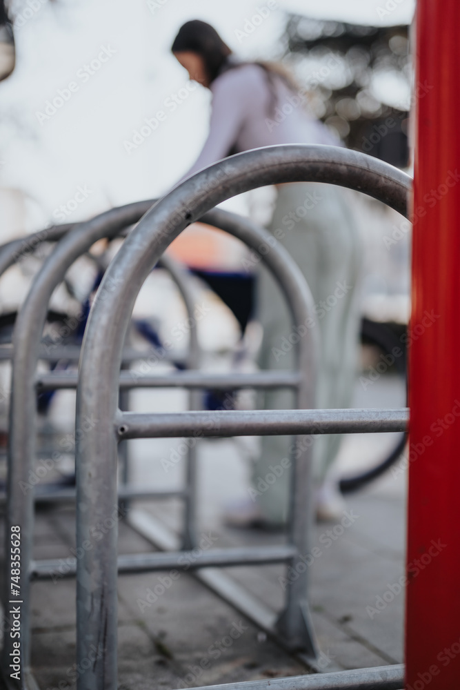 Close-up of a bike parking rack in the city with a defocused woman walking away in the background.