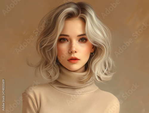 Woman with a stylish, voluminous blonde hairstyle wearing a beige turtleneck, identity concealed.
