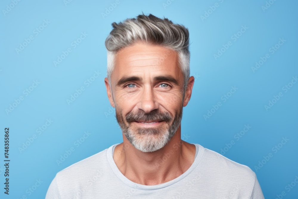Handsome mature man with grey hair and beard on blue background Handsome mature man with grey hair and beard on blue background