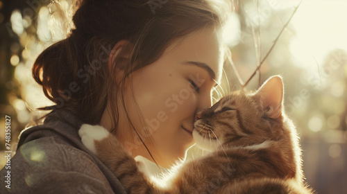 Retrato de uma bela jovem com um gato na natureza. photo