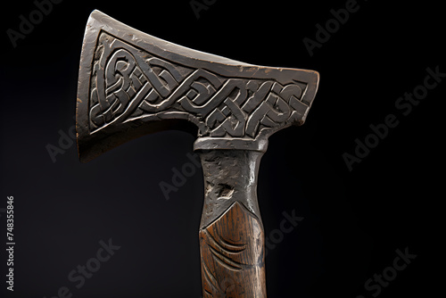 Close-up Photograph of a Vintage, Craftsman-Engraved Ax Head Against a Rustic, Wooden Backdrop