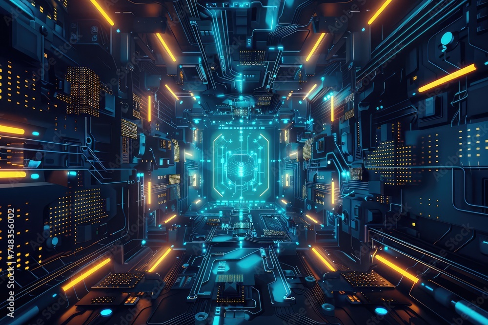 Technological Texture Background, Microchip Blue Banner, Bright Blue Computer Mockup