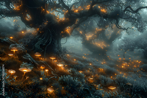 A dark enchanted forest with glowing mushrooms and twisted branches.
