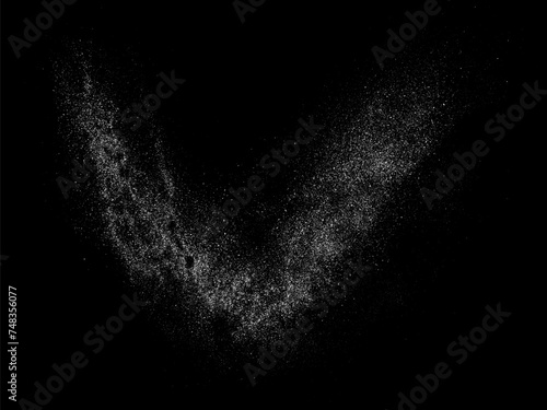 White grainy texture. Abstract dust overlay. Grain noise. White explosion on black background. Splash light realistic effect. Vector illustration, eps 10. 