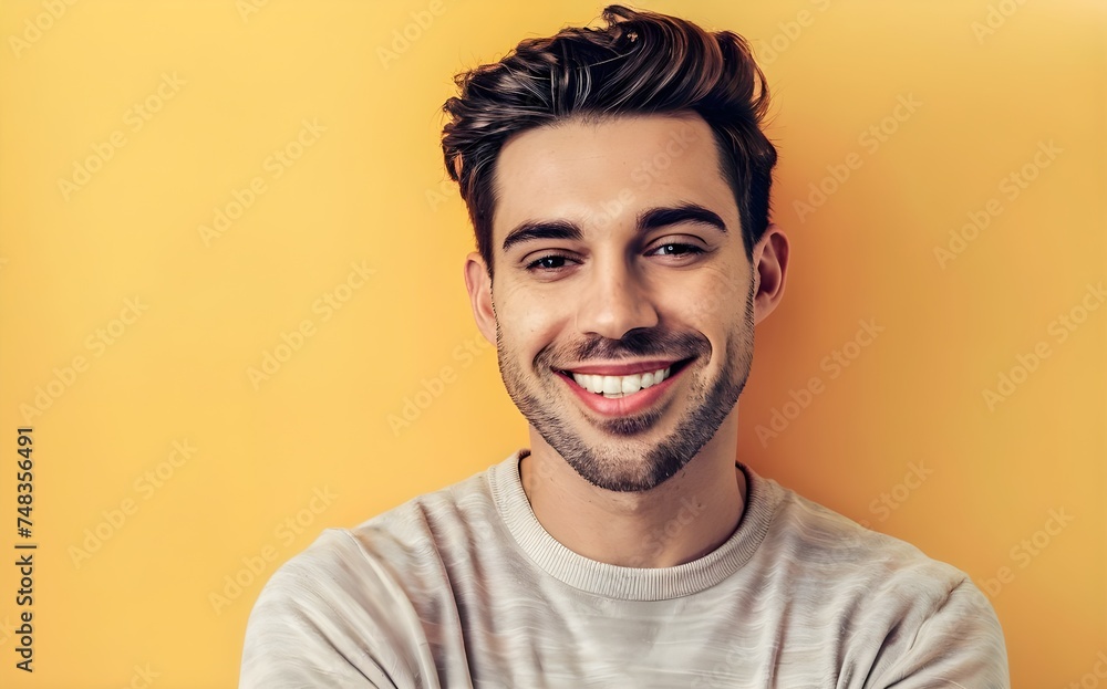 Obraz premium handsome brunette man. smiling, perfectly aligned white teeth, looking at the camera, beard, commercial ad model.