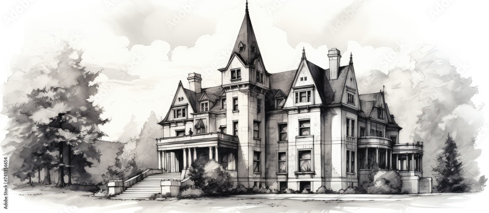 This black and white drawing showcases a grand, sprawling mansion with intricate architectural details. The house appears majestic and imposing, with a large entrance and multiple windows. This black and white drawing showcases a grand, sprawling mansion with intricate architectural details. The house appears majestic and imposing, with a large entrance and multiple windows.