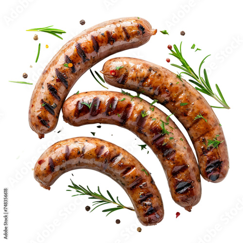 grilled sausages isolated on white background, top view. With clipping path