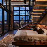 loft bedroom with city view