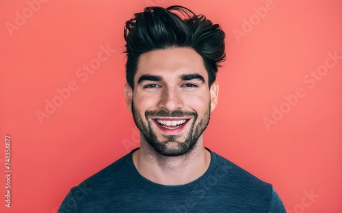 handsome brunette man. smiling, perfectly aligned white teeth, looking at the camera, beard, commercial ad model.