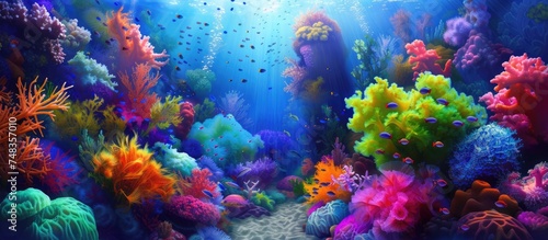 This painting showcases a vibrant coral reef teeming with colorful marine life. Brightly colored fish, intricate coral formations, and swaying sea plants create a lively underwater scene.